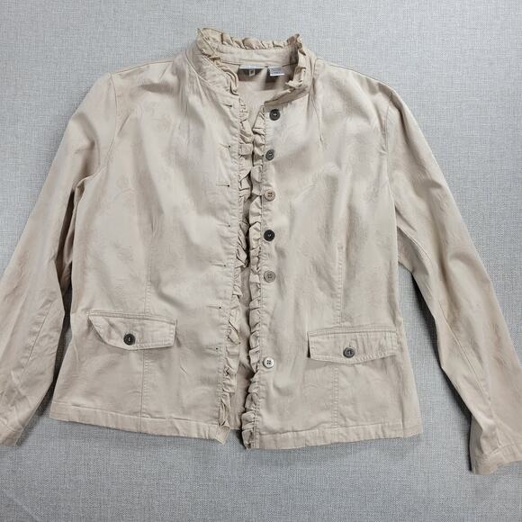 Chico's Womens Jacket Size 1 Beige Mock Neck Button Up Ruffled Trim Long Sleeve - Picture 11 of 16